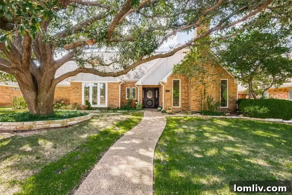Plano home with a mature shade tree and a classic design