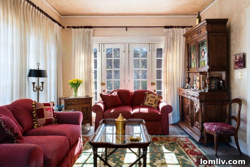 The elegantly decorated interior of the Hoffman home, featuring classic antique furniture, period-appropriate decor, and rich architectural details that reflect its historic charm and the owners' careful preservation.