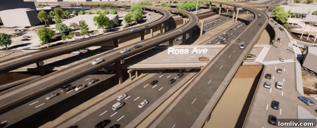 I-345 Recommended Alternative: Elevated interchanges proposed for I-345, connecting to Woodall Rodgers Freeway, looking north at Ross Avenue Crossing.