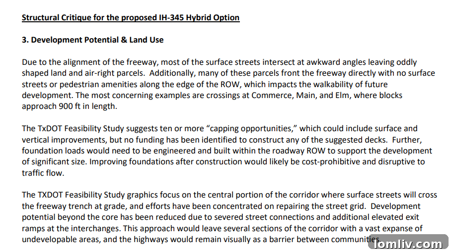 Excerpt from AIA Dallas memo critiquing the proposed I-345 highway trench width and lane count.