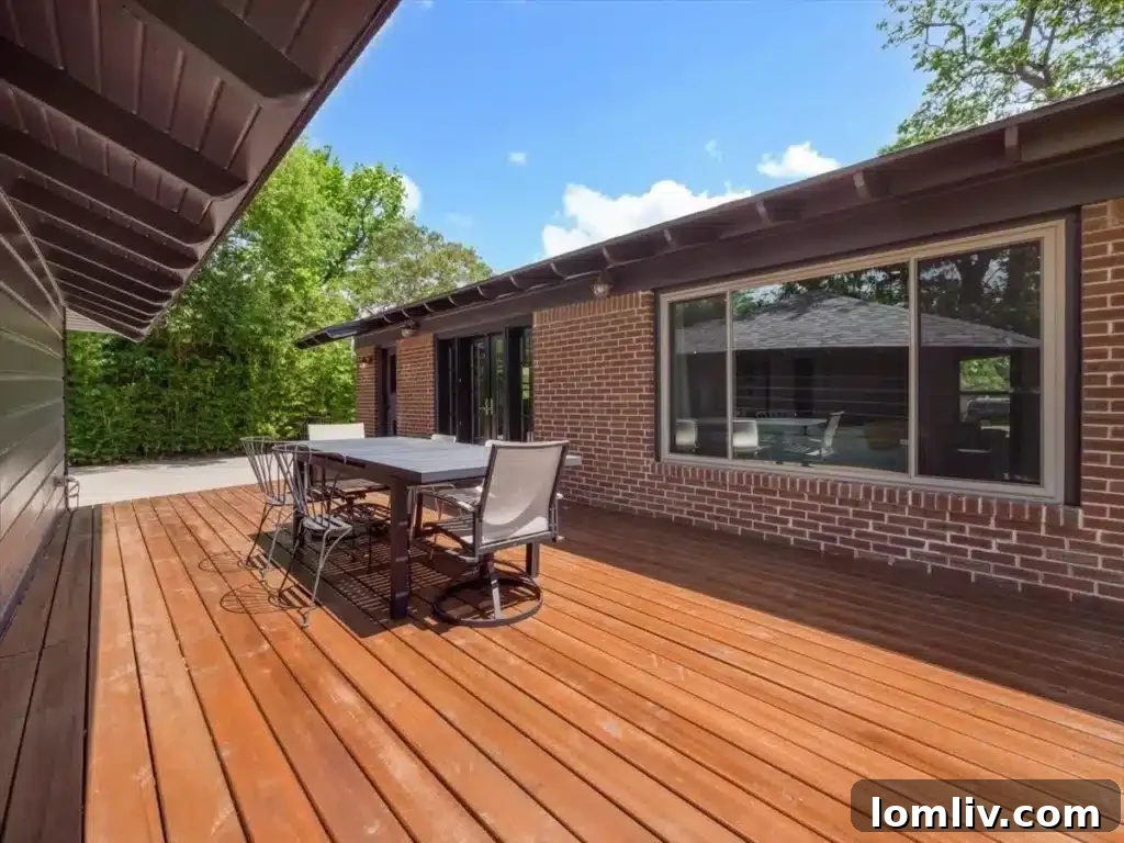 Large wooden deck in the backyard