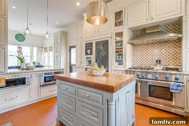 Gourmet kitchen with antique mission tile