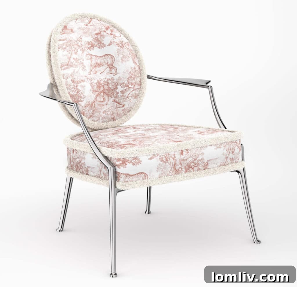 The Monsieur chair, a modern take on the classic Dior medallion design by Starck, available in fluorescent orange toile de Jouy and other luxurious materials.