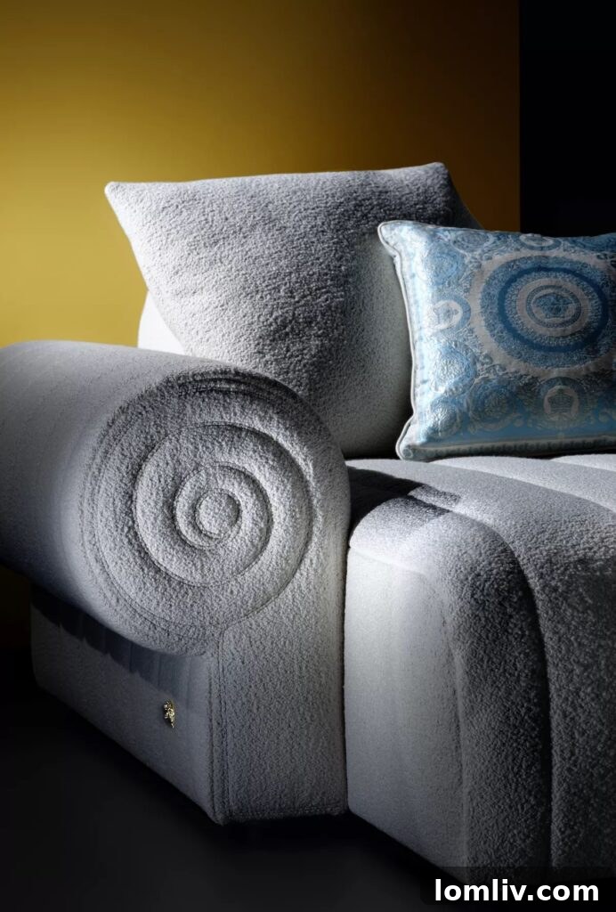 New from Versace Home, modular seating for the fashion-obsessed, featuring signature swirls and Medusa head adornments.