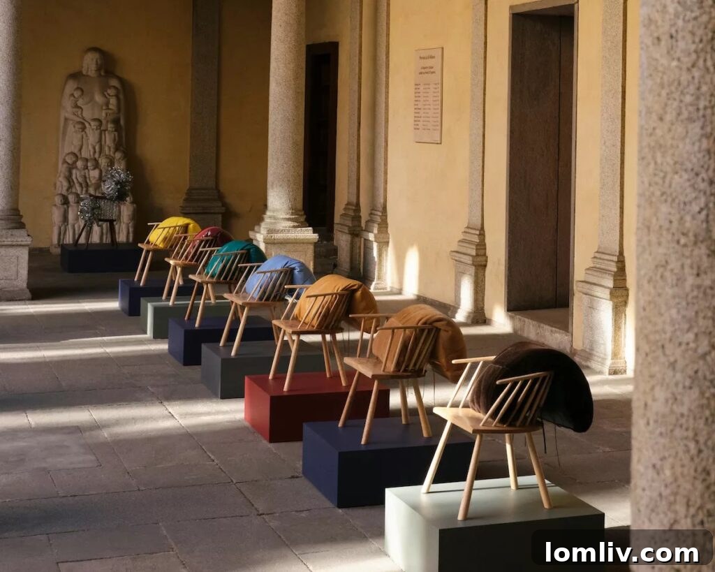 Loewe's reimagined Welsh stick chairs showcase unique materials like paper, twine, shearling, and emergency insulating foil, emphasizing artisanal craft.