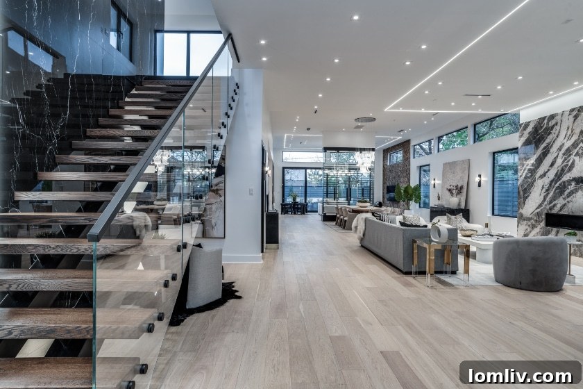 Luxurious entryway of a Janet Goldschmidt home in Dallas, featuring a dramatic LED-lit porcelain wall and floating staircase.