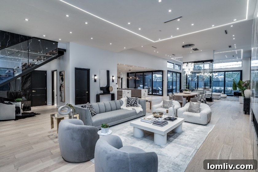 Elegant dining area with modern lighting and seamless transition to outdoor space in a Janet Goldschmidt designed Dallas home.