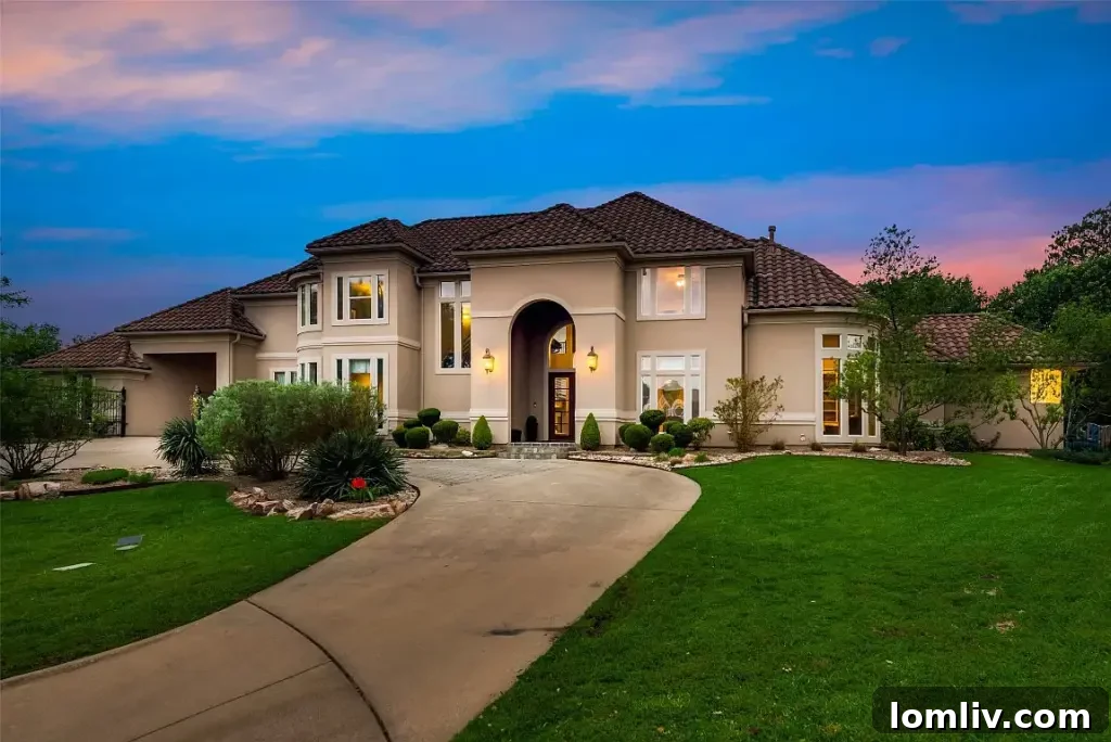 Colleyville Luxury: Homes That Redefine Grandeur 28 Inviting front exterior of 3900 Saint James Court with a circular driveway and manicured landscaping in Colleyville