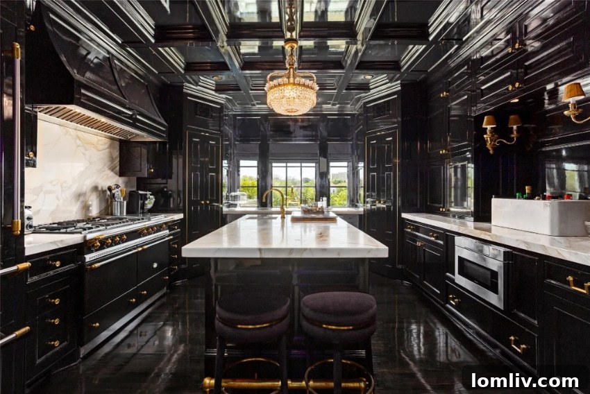 Dramatic black lacquer kitchen with high-end appliances