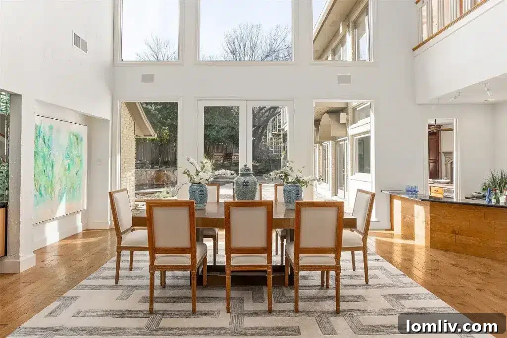 Bright dining room with dramatic two-story windows and elegant table setting