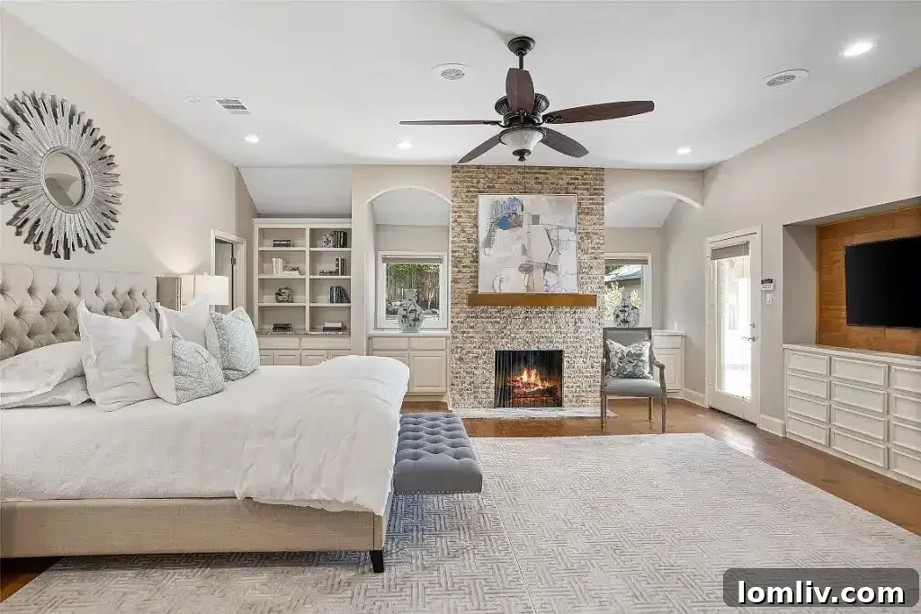 Cozy bedroom with a fireplace and elegant furnishings