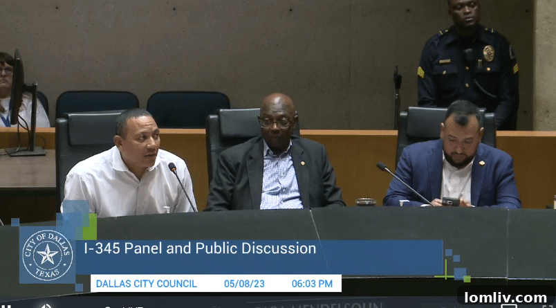 A panel of Dallas city officials including Director of Housing and Neighborhood Revitalization David Noguera, Councilman Tennell Atkins, and Councilman Jesse Moreno engaging with the public during a meeting.