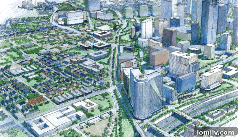 A detailed rendering showcasing the potential redevelopment along Interstate 345, envisioning new urban spaces and improved connectivity.