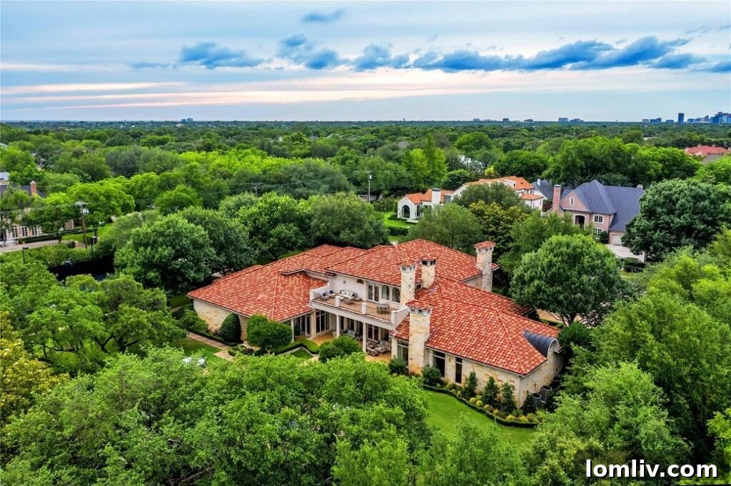 A sprawling, manicured lawn surrounded by towering mature trees on the 5810 Park Lane estate.