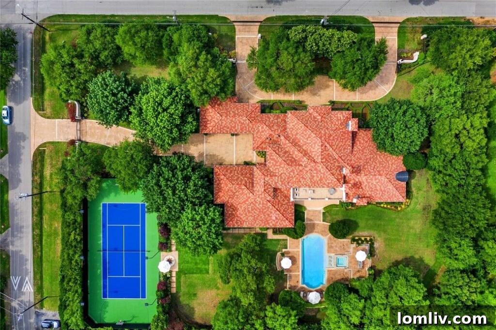 Aerial view showcasing the vast, park-like grounds and dense tree cover of the luxury property.