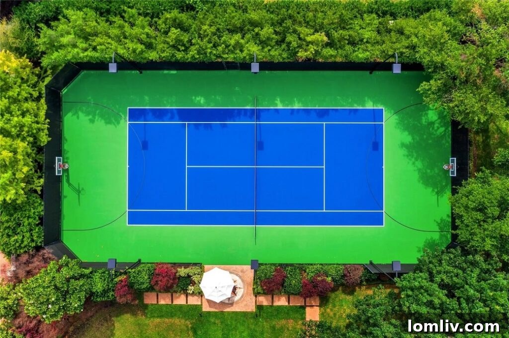 Professional tennis court with floodlights on the estate grounds.