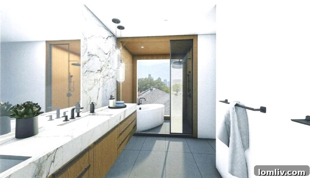 Primary suite with floor-to-ceiling lilac marble bathroom and downtown Dallas views