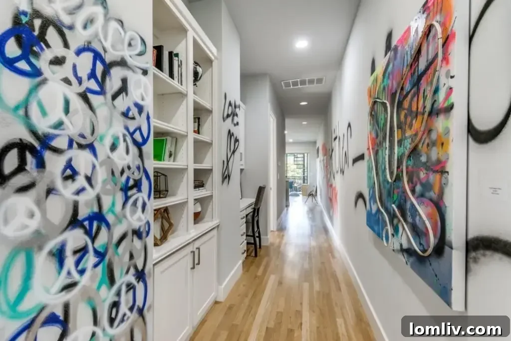 A vibrant hallway adorned with colorful mural art