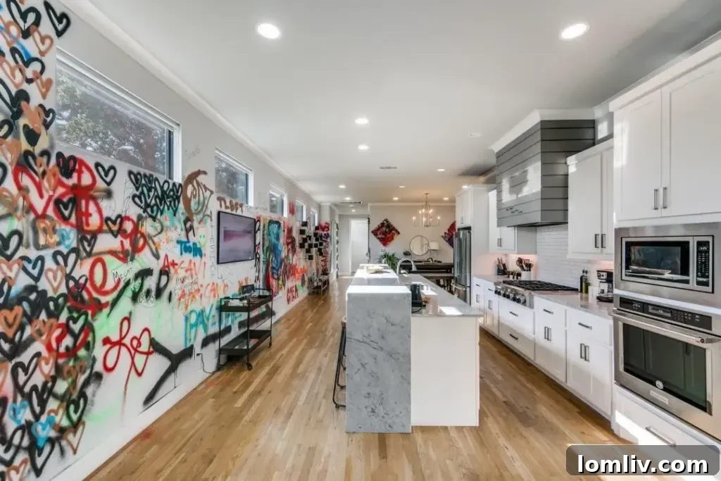 A living room featuring unique, bold artwork on the walls