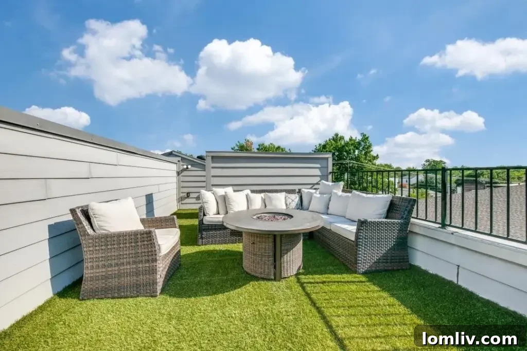 A spacious rooftop patio with stunning city views