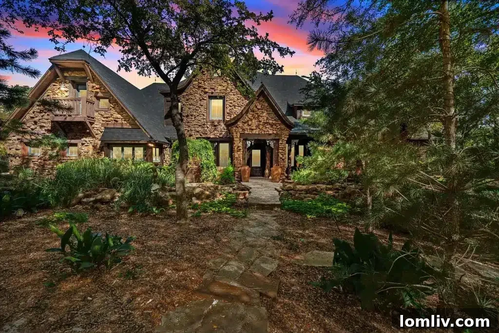A rock-covered, multi-gabled house in a wooded setting