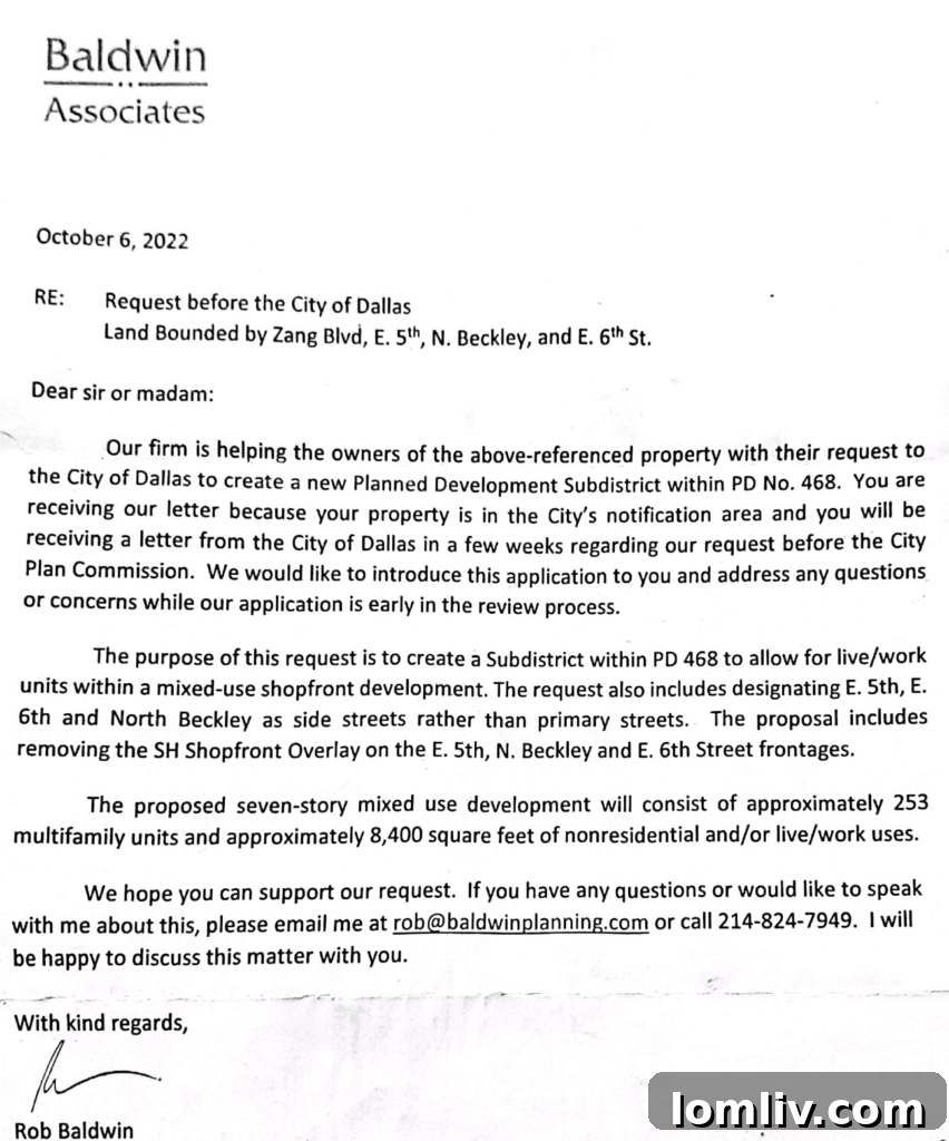 7-Story Apartment Project Sparks Lake Cliff Zoning Battle 5 Letter from Rob Baldwin of Baldwin Associates to Lake Cliff residents about rezoning