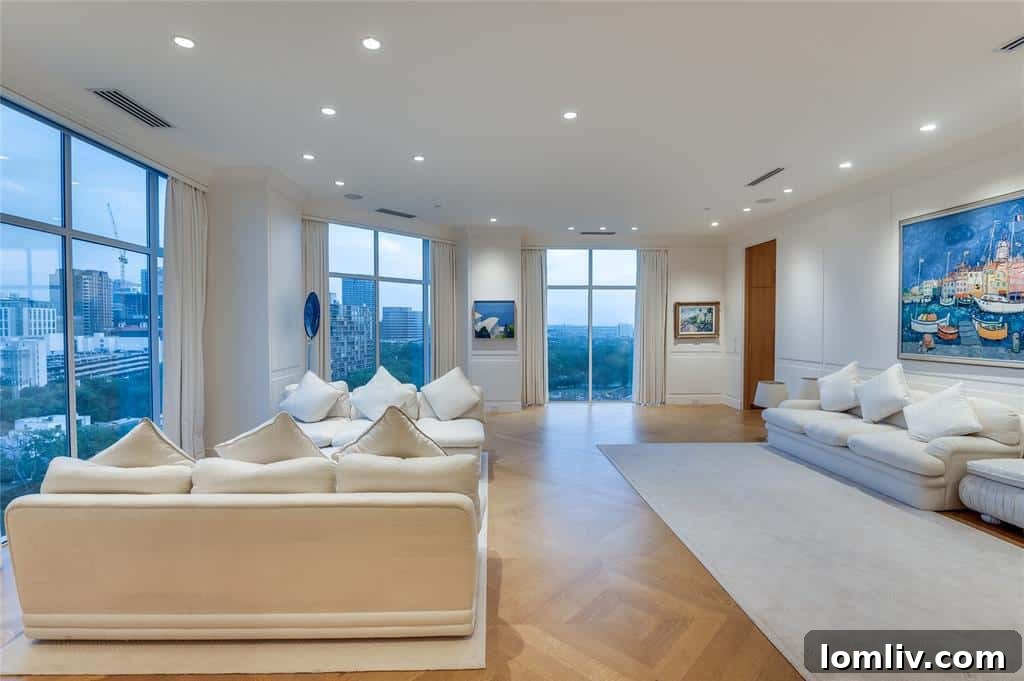 Elegant formal living room with a grand piano and stunning views of Downtown Dallas