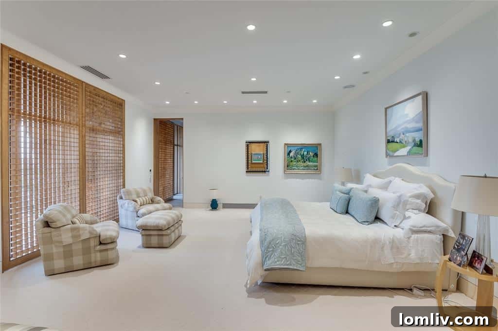 The luxurious primary bedroom featuring custom sycamore woodwork and an elegant design