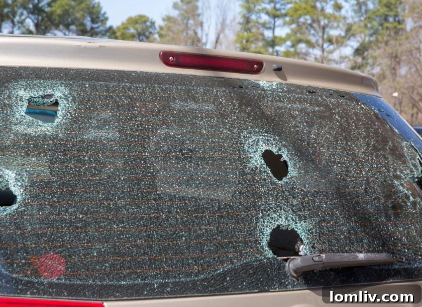 Residential roof showing significant hail damage, with many shingles missing or displaced.