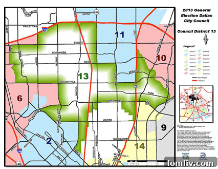 Geographic map of Dallas City Council District 13, highlighting its boundaries.