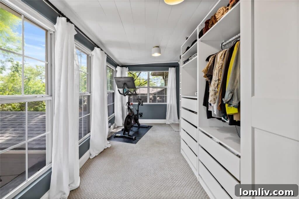 The spacious primary suite closet, formerly a sun porch, with custom shelving and natural light.