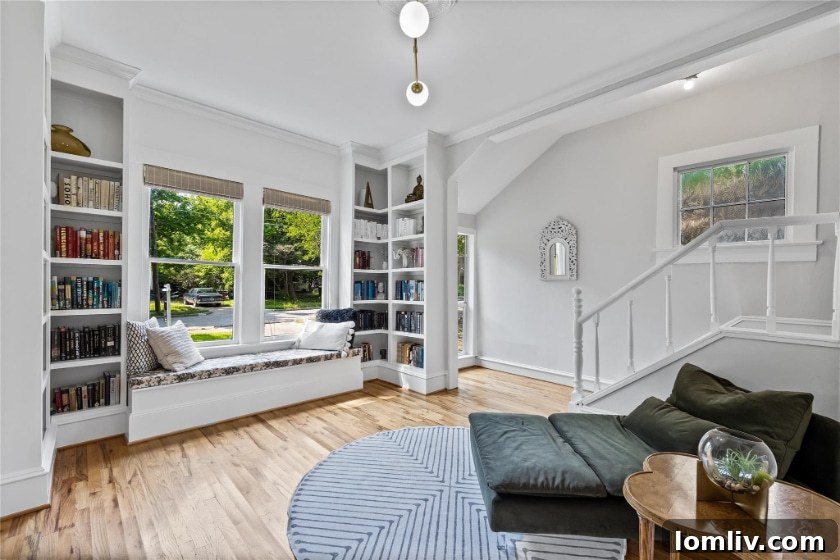 The former formal dining room has been reworked as a bay window reading nook. The Zen Den as Loren calls it.