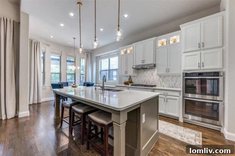 Gourmet kitchen with quartz countertops, stainless steel appliances, and a central island