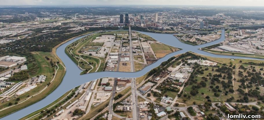 High-Stakes Debate on Panther Island's Future in Fort Worth June 15 2 An aerial view of the proposed Panther Island/Central City Flood Control project, looking south over Main Street toward downtown Fort Worth, showcasing the planned river channels and urban development footprint.
