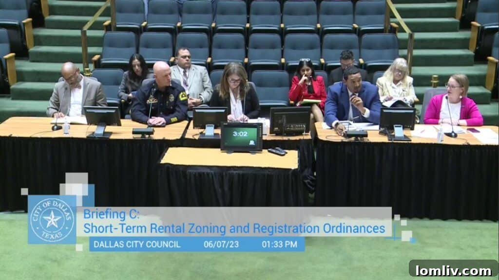 Dallas city staff representatives answer questions about short-term rental regulations.
