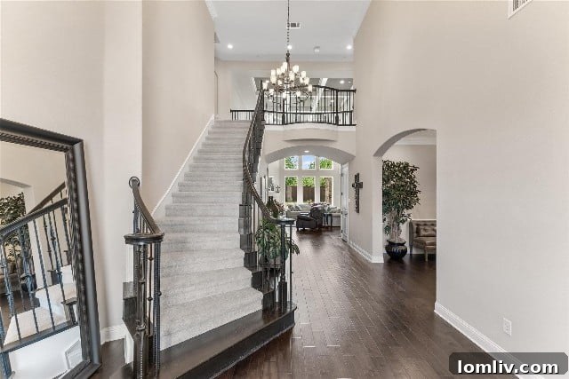 Elegant curved staircase in luxury Colleyville home foyer, perfect for photos