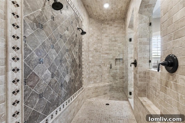 Massive primary bathroom walk-in shower with multiple showerheads in luxury Colleyville home