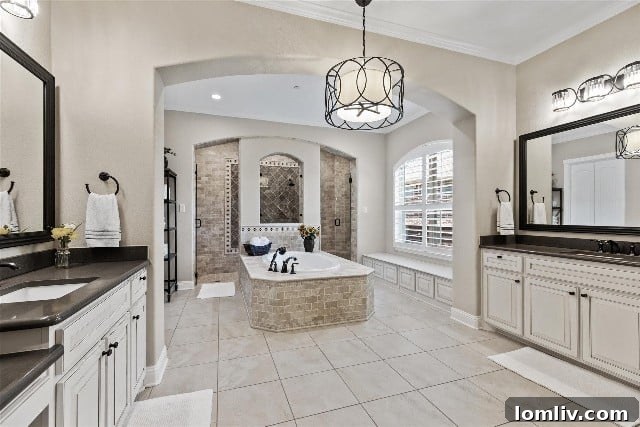 Luxurious freestanding soaking tub in a spacious primary bathroom