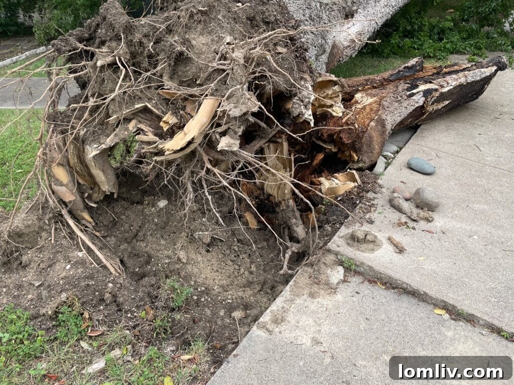 A large oak tree uprooted by severe storms, crushing a car in Hollywood Heights, Dallas.