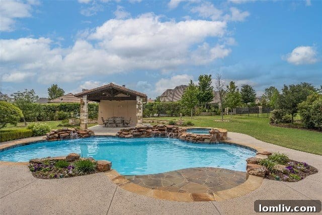 Luxury backyard with swimming pool, covered patio, and cabana