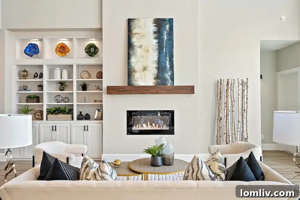 Spacious and elegant living room with high ceilings and sophisticated decor