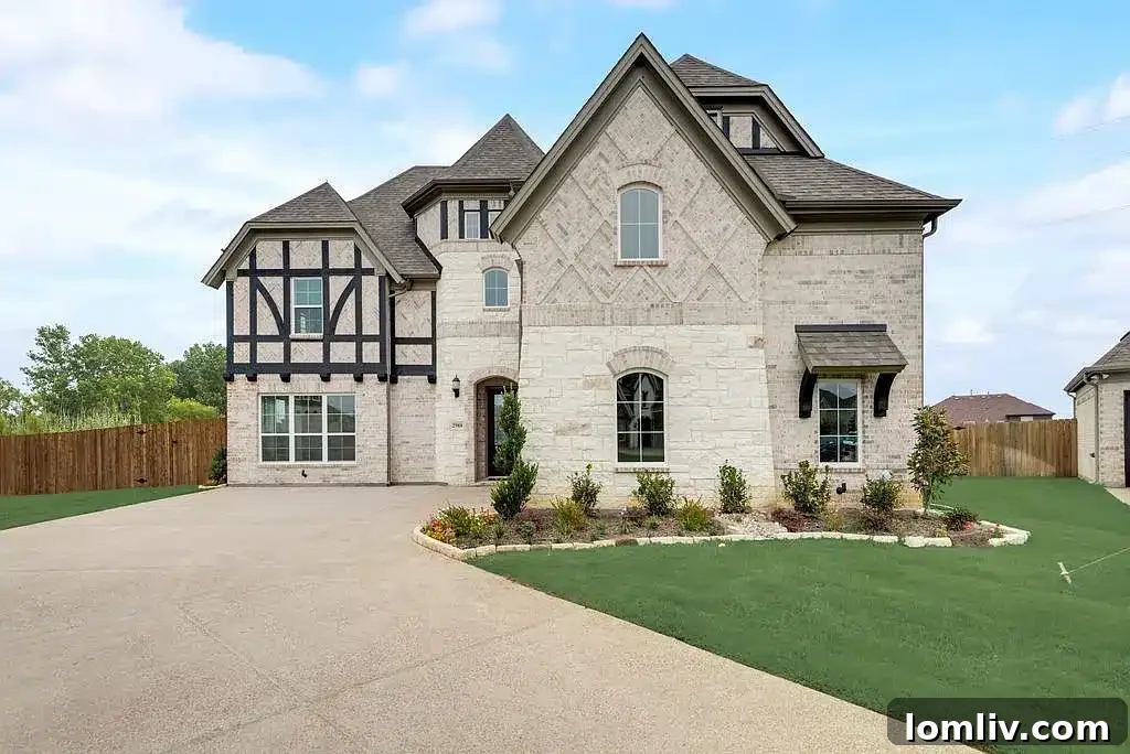 Stunning new construction home with a French Country exterior and lush landscaping