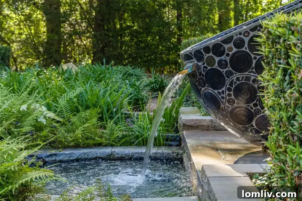 The meticulously crafted stone facade of the estate.