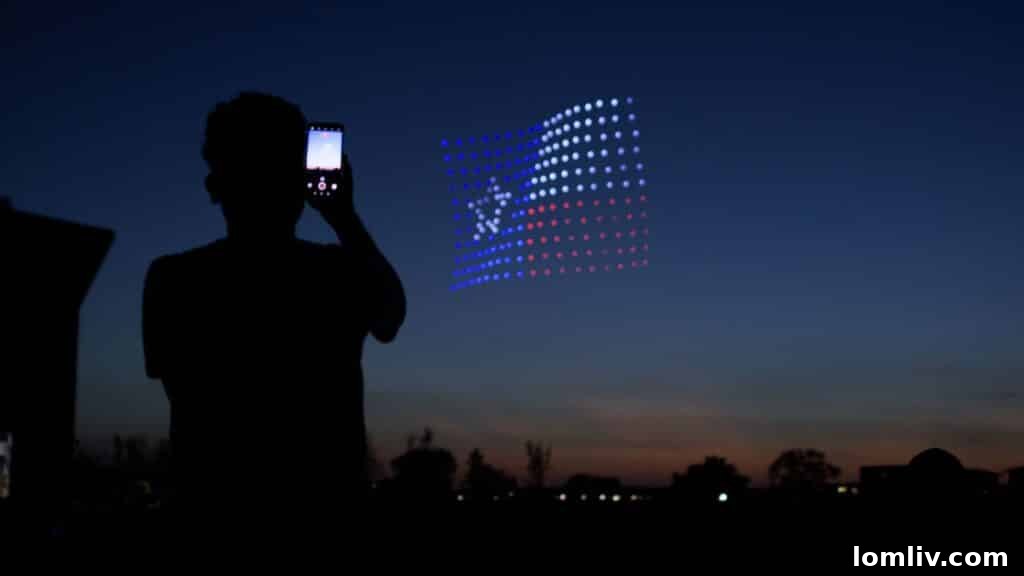 Thousands of colorful drones form a massive, intricate American flag design in the night sky, captivating a large audience.