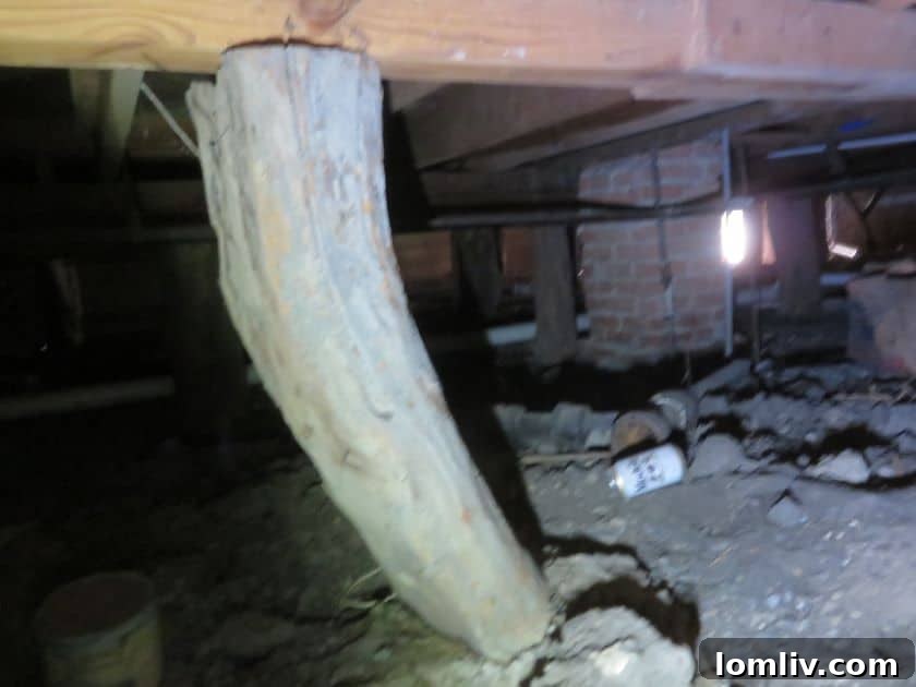 A DIY foundation repair using a piece of firewood, highlighting the risks of amateur structural work.