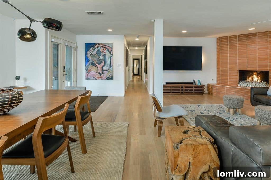 A view into the vibrant and stylish kitchen area, showcasing distinctive tiling and modern fixtures.