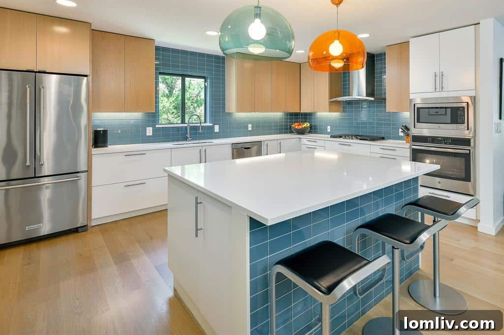 The elegant living room featuring a Heath Ceramic fireplace and thoughtfully curated furniture, embodying Midcentury Modern design.