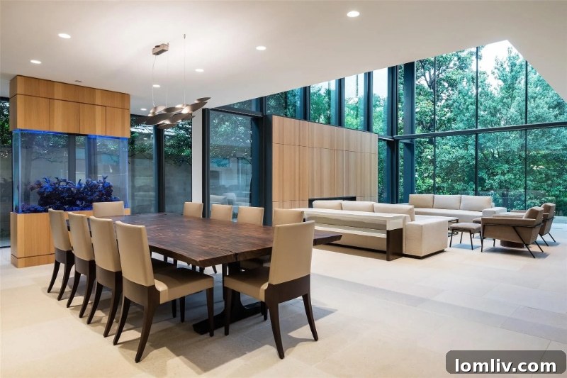 Modernist living area with a floating fireplace and views to the outside