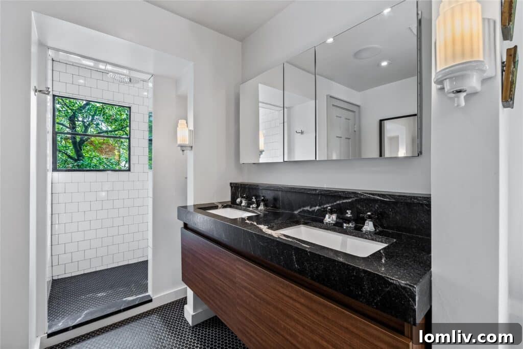 Beckley Club Estates' Reimagined Cottage: The Standard Has Been Raised 7 Close-up of the elegant pillared front porch and garden gate with stone steps, painted in deep charcoal gray