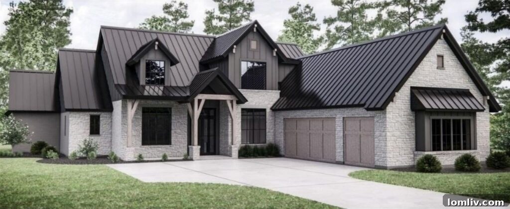 Interior rendering of a spacious living room with modern fireplace and lake views at The Groves.